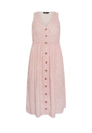 Vestido midi rosa sin mangas con estampado floral blanco, escote en V, cintura fruncida y una fila frontal de botones marrones.