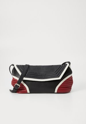 Black and red leather bag with a folded design, textured surface, white accents, long strap, and a structured, pleated shape.