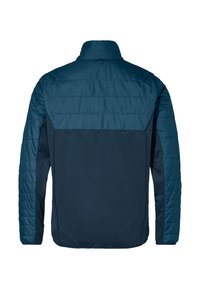 Donkerblauwe jas met een gevoerde bovenkant en gladde onderpanelen, voorzien van een staande kraag en elastische boorden.