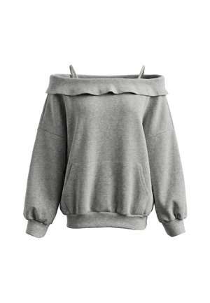 Grå sweatshirt med off-shoulder, bred halsudskæring, lange ærmer, løs pasform, forlomme og tynde skulderstropper.