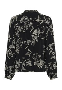 Schwarze Bluse mit langen Ärmeln und zartem weißen Blumenmuster, gerafften Bündchen und einem subtilen Faltendetail im Rückenteil.