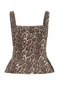 Haut sans manches à imprimé léopard avec larges bretelles et légère évasement à l'ourlet, présentant un motif marron, noir et beige.