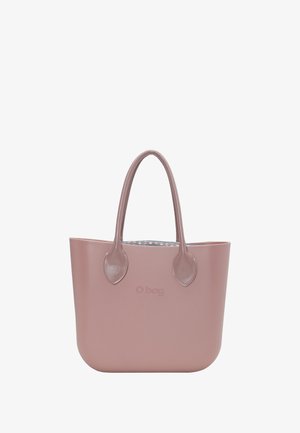 Růžová silikonová taška s kulatými hranami, dvojitě šitými uchy a viditelnou vzorovanou tkaninou uvnitř.