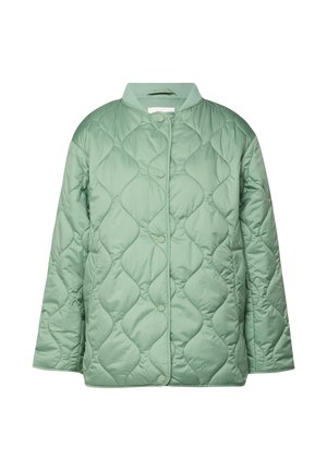 Jasnozielona pikowana kurtka z długimi rękawami, zapięciem na zatrzaski i przeszyciami w kształcie fal na jednolitym tle.