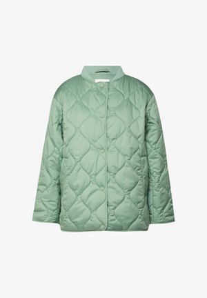 Jasnozielona pikowana kurtka z długimi rękawami, zapięciem na zatrzaski i przeszyciami w kształcie fal na jednolitym tle.