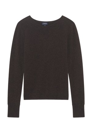 Maglione marrone a maglia con maniche lunghe e scollatura rotonda. Tessuto liscio con polsini e orlo a coste. Etichetta visibile nella zona del collo.