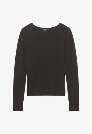 Pull en tricot marron à manches longues et encolure ronde. Texture lisse avec des poignets et un ourlet côtelés. Étiquette visible à l'intérieur de la zone du col.