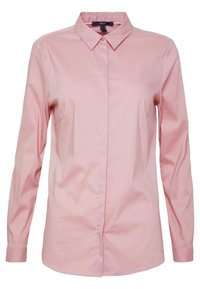 Ljusrosa långärmad skjorta med krage, knappstängning fram och två bröstfickor. Slät, enfärgad bomullstyg.