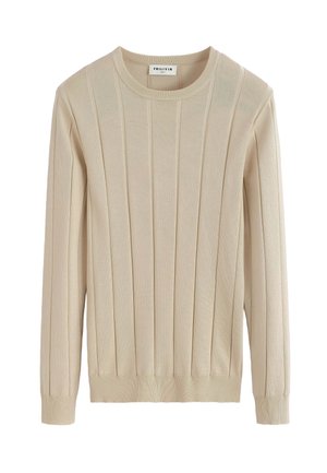 Pull-over en tricot beige avec texture côtelée, motif rayé vertical, col rond et manches longues, présentant un ourlet ajusté.