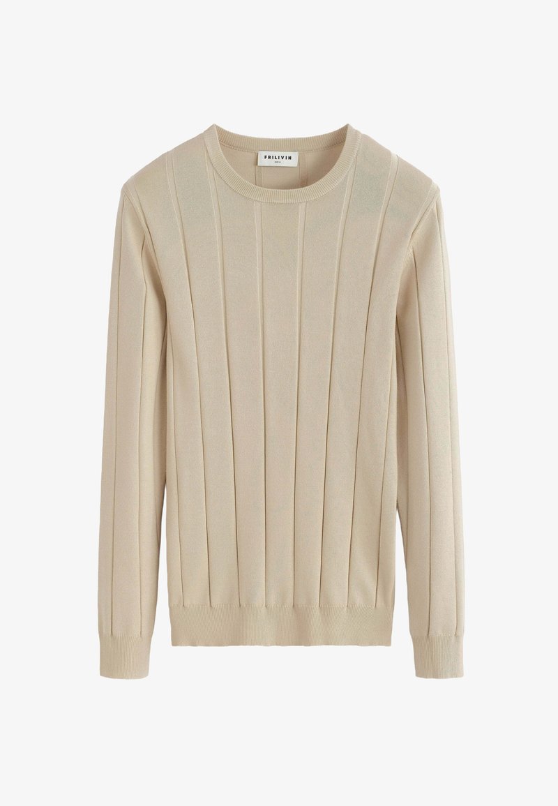 Pull-over en tricot beige avec texture côtelée, motif rayé vertical, col rond et manches longues, présentant un ourlet ajusté.