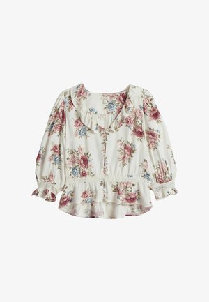 Blumenbluse mit kurzen, puffartigen Ärmeln, einem Rüschenausschnitt und einem ausgestellten Saum. Cremefarbener Hintergrund mit rosa und blauen Blumenmustern.