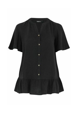 Schwarze Bluse mit kurzen Ärmeln, Knöpfen vorne, rundem Ausschnitt und Rüschen am Saum, aus strukturiertem, leichtem Stoff gefertigt.