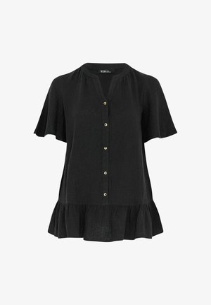 Czarna bluzka z krótkim rękawem, zapinana z przodu na guziki, z okrągłym dekoltem i falbanką na dole, wykonana z lekkiej, teksturowanej tkaniny.