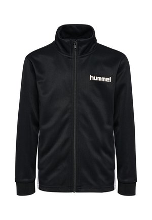 Sort lynlåstrøje lavet af glat, let stof. Har en høj krave og "hummel"-logo i hvid på øverste venstre side. Enkel, funktionel design.