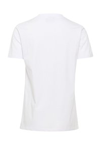 T-shirt blanc à manches courtes en coton avec un col rond et un ourlet droit. Texture lisse, sans motifs ni éléments métalliques visibles.