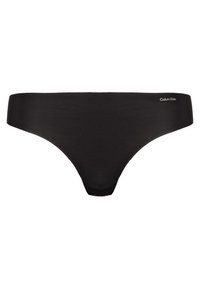Un strings noir en tissu lisse. Il présente une silhouette simple avec une taille basse et un logo discret sur le côté.
