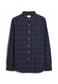 Camicia a maniche lunghe a quadri blu marina e borgogna con colletto button-down, bottoni bianchi e un piccolo logo dorato sul petto.