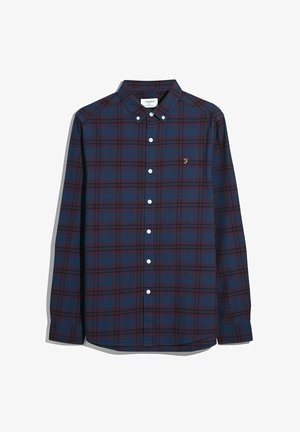 Marineblauw en bordeaux geruite overhemd met lange mouwen, een button-down kraag, witte knopen en een klein goudkleurig logo op de borst.