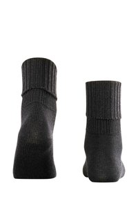 Mørkegrå sokker med ribbet top, elastisk bånd og glat tekstur. Designet inkluderer forstærket syning ved tåen og hælen.
