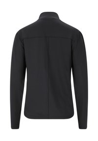 Schwarze Jacke mit langen Ärmeln und geradem Kragen, mit einer glatten Textur, minimalen Nähten und ohne sichtbare Hardware oder Verzierungen.