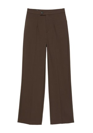 Pantalon droit marron avec fermeture devant par bouton et zip, présentant des lignes nettes, ajustées et une taille mi-haute.