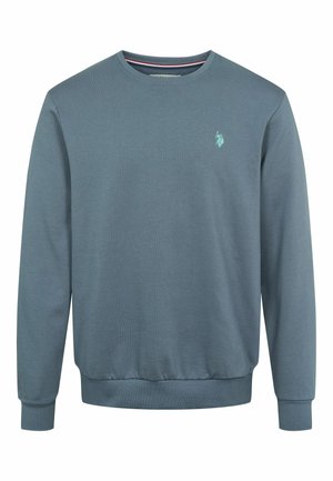 Blauwe ronde hals sweatshirt gemaakt van zachte stof. Heeft ribgebreide manchetten en een zoom, met een subtiele geborduurde logo op de borst.