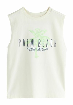 Bezroku krekls bez piedurknēm, krēmkrāsā, ar zaļu palmas koka attēlu un tekstu "Palm Beach Florida Surf Club" ar koordinātēm zemāk.