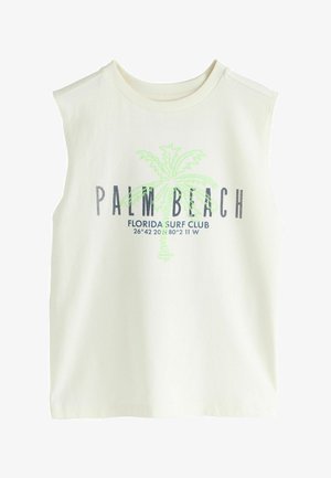 Ærmeløs offwhite skjorte med grønt palmetræsgrafik og teksten "Palm Beach Florida Surf Club" med koordinater nedenunder.