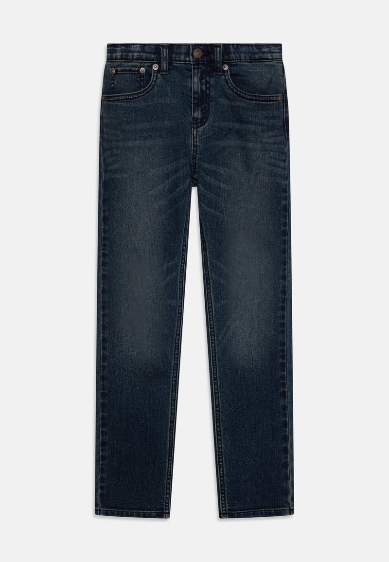 Dark blue denim jeans with a straight cut, five pockets, button fastening, and subtle whiskering on the thighs. Smooth texture.