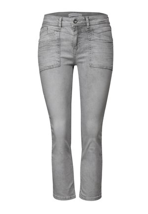 Gray denim jeans with a fitted design, featuring front pockets, a button closure, and a mid-rise waist, offering a smooth texture.