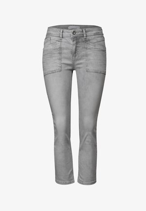 Graue Jeans aus Denim mit einer taillierten Passform, ausgestattet mit Fronttaschen, einem Knopfverschluss und einem mittelhohen Bund, der eine glatte Textur bietet.