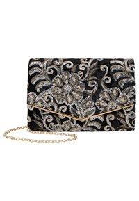 Černá kabelka na psaní s zlatou květinovou výšivkou, klopovým uzávěrem a zlatým řetízkovým popruhem. Obsahuje flitrové akcenty a texturovanou látku.