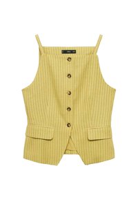 Gilet giallo a righe con un design aderente, dotato di bottoni frontali, due tasche e spalline regolabili. Realizzato in tessuto testurizzato.