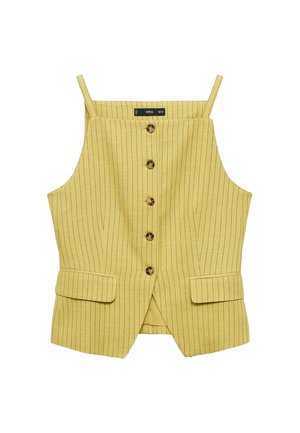 Gilet jaune à rayures avec un design ajusté, comprenant des boutons sur le devant, deux poches et des bretelles ajustables. Fabriqué en tissu texturé.