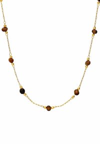 Goudvergulde ketting met afwisselend bruine kralen en gladde gouden accenten, met een verfijnd kettingontwerp en gepolijste metalen afwerking.