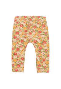 Blommiga leggings med en ljusrosa bas och mönster av röda, orangea och gröna blommor; scallopdetalj vid nederkanten; mjukt, elastiskt tyg.