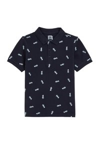 Sötétkék pamut póló, ismétlődő világoskék világítótorony mintával. Klasszikus gallér három gombos leárazással.