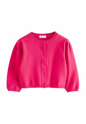 Jasnoróżowy, długi kardigan z długimi rękawami, okrągłym dekoltem i pięcioma guzikami w kształcie kwiatów na przodzie, wykonany z dzianiny.