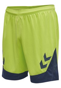 Limegröna sportshorts med marinblå accenter, elastisk midja och kontrasterande geometriska mönster på de nedre sidorna. Lättviktigt material.