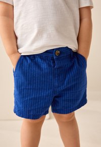 Pantalones cortos a rayas azules hechos de algodón, con cierre frontal de botones y bolsillos laterales. Pantalones cortos hasta la rodilla con una textura ligera.
