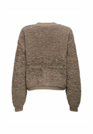 Flauschiger brauner Pullover mit verkürztem Schnitt, rundem Halsausschnitt und gerippten Bündchen. Verfügt über einen strukturierten, plüschigen Stoff. Keine sichtbaren Verschlüsse.