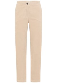 Beiga kordflöjtsbyxor med raka ben, enkel knappstängning och texturerad tyg. Har vertikalt ribbat mönster och sidofickor.