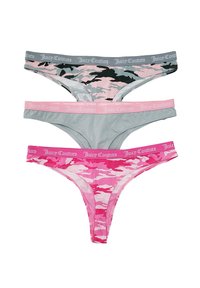Drei Paare von Juicy Couture Tangas in grau-rosa Camouflage-Designs mit kontrastreichen elastischen Taillenbändern und Logo-Details.