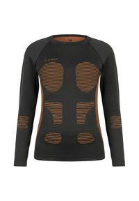 Black long-sleeve thermal shirt with orange striped accents and textured areas. Features a round neckline and fitted design.