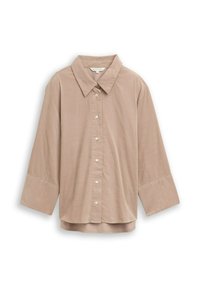 Lichtbruin kraagshirt met lange mouwen, knoopsluiting aan de voorkant en een relaxed fit. Gemaakt van een gladde stof met een subtiele textuur.