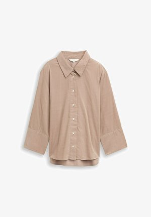 Svijetlosmeđa košulja s kragnom, dugim rukavima, kopčanjem sprijeda i opuštenim krojem. Izrađena od glatkog materijala s suptilnom teksturom.