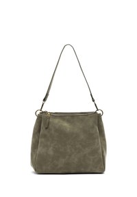 Oliwkowa skórzana torebka o miękkim, teksturowanym wykończeniu. Posiada zamek błyskawiczny, regulowany pasek oraz złote akcenty.