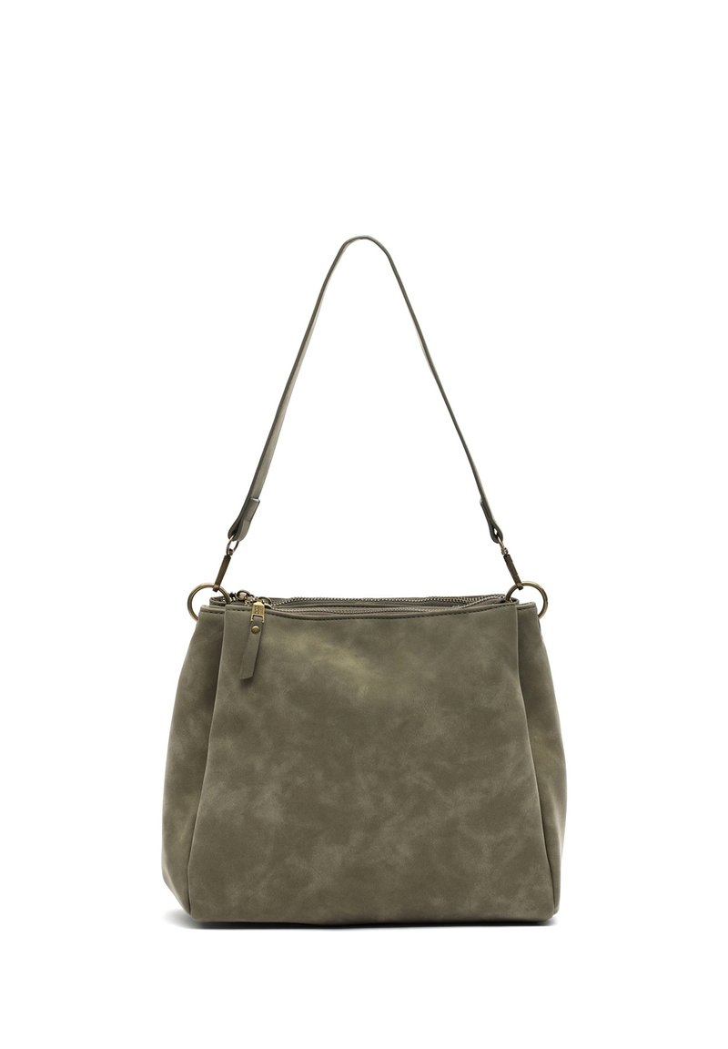 Oliwkowa skórzana torebka o miękkim, teksturowanym wykończeniu. Posiada zamek błyskawiczny, regulowany pasek oraz złote akcenty.