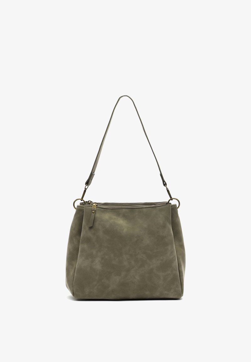 Oliwkowa skórzana torebka o miękkim, teksturowanym wykończeniu. Posiada zamek błyskawiczny, regulowany pasek oraz złote akcenty.