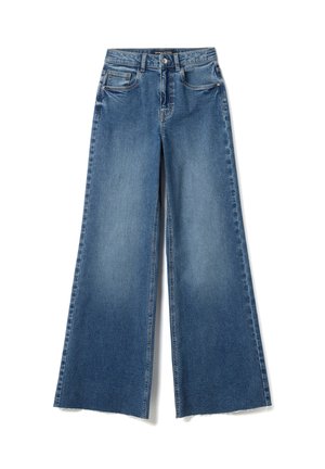 Blaue weit geschnittene Jeans aus Denim mit hoher Taille, fünf Taschen, Knopf- und Reißverschluss sowie rohen Saumkanten.